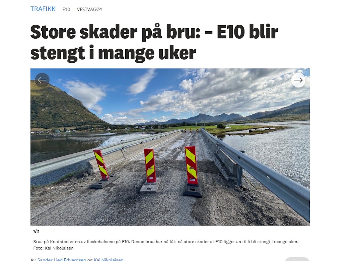 E10 Lofoten stengt - omkjøring via Valberg!